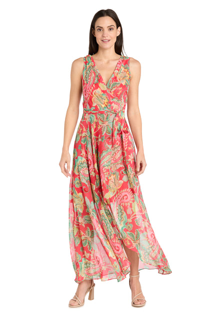 High Floral Print Dress Cocktail R&M Richards 1246 - Coral/Green / 8