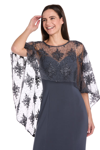 Long Dress with Sheer Illusion Embellished Capelet R&M Richards Long Dress with Sheer Illusion Embellished Capelet R&M Richards