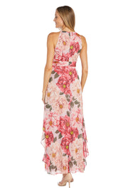 Long Printed Floral Dress with Halter Neckline and Ruffle Skirt