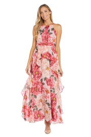 Long Printed Floral Dress with Halter Neckline and Ruffle Skirt