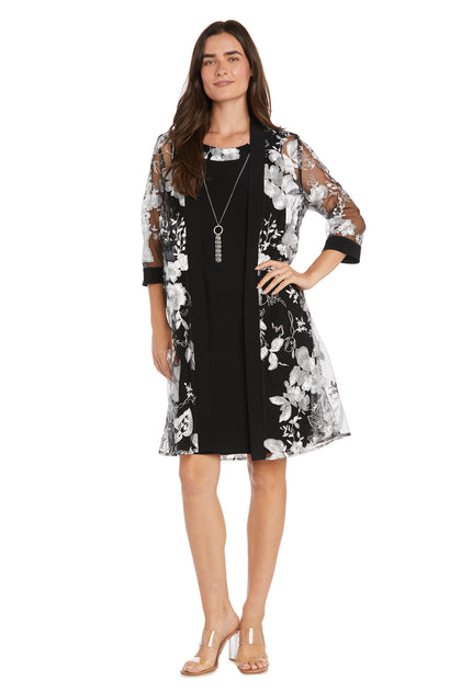 R&M Richards Women's Jacket Dress Set - Sheer Sleeve Jacket With Attached Necklace, Knee-Length Shift Dress