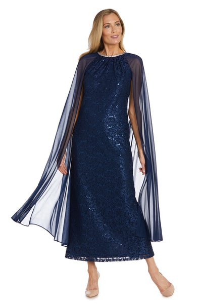 Long Sequin Lace Dress with Chiffon Cape and Rhinestone Neckline