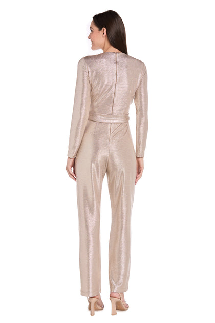 Metallic Pleated Long-Sleeve Jumpsuit with Tie Waist – R&M