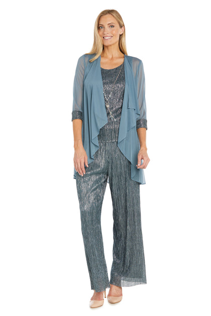 Three Piece Crinkle Pantsuit with a Mesh Chiffon Jacket and Necklace R M Richards