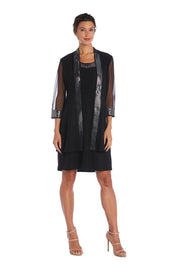 Two Piece Dress with Metallic Pattern Neckline and Jacket with Sheer Sleeves