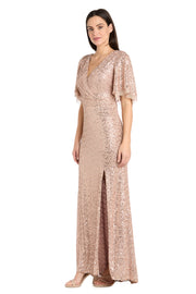 Rose Gold Sequin Gown with Flutter Sleeves