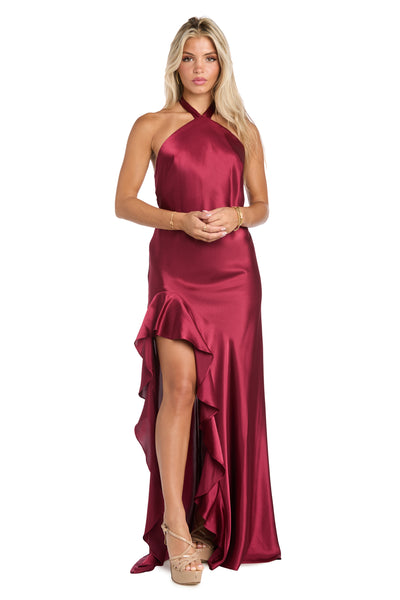 Ruffled Elegance: Satin High Neck Halter Dress with Dramatic Slit