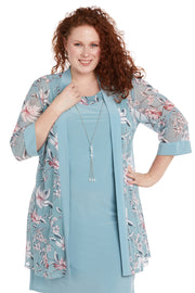 Daytime Floral Printed Jacket Dress  With Detachable Necklace - Plus