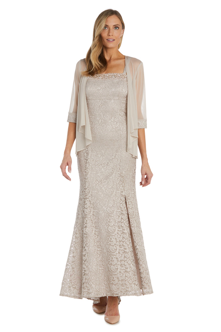 R & M Richards Women's 2 Pc. Lace Beaded Gown & Jacket - Champagne - Size 14 R & M Richards Women's 2 Pc. Lace Beaded Gown & Jacket - Champagne - Size 14