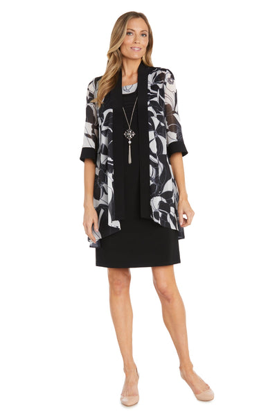 Black and White Floral Patterned Jacket Dress - Petite