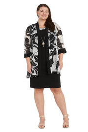 Black and White Floral Patterned Jacket Dress - Plus