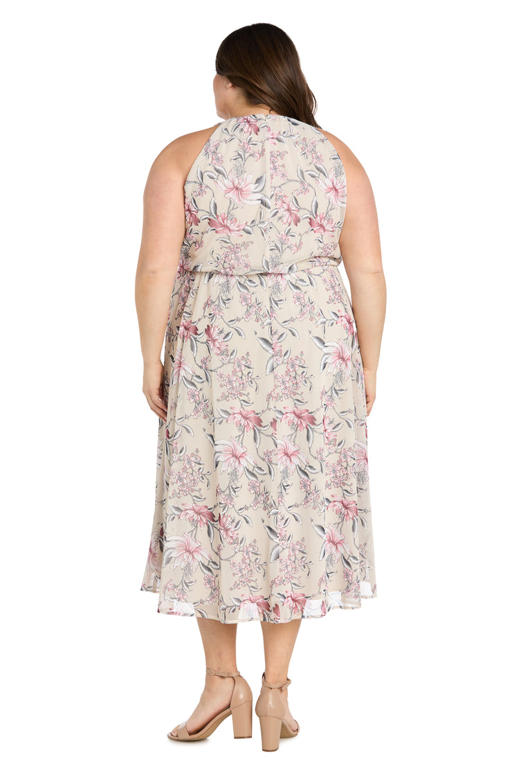 Floral Chiffon Midi Dress with Keyhole Halter Neck - Plus