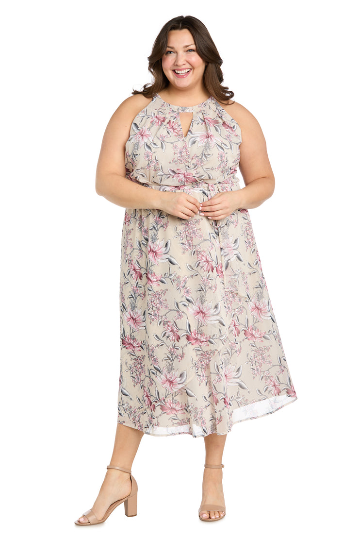 Floral Chiffon Midi Dress with Keyhole Halter Neck - Plus