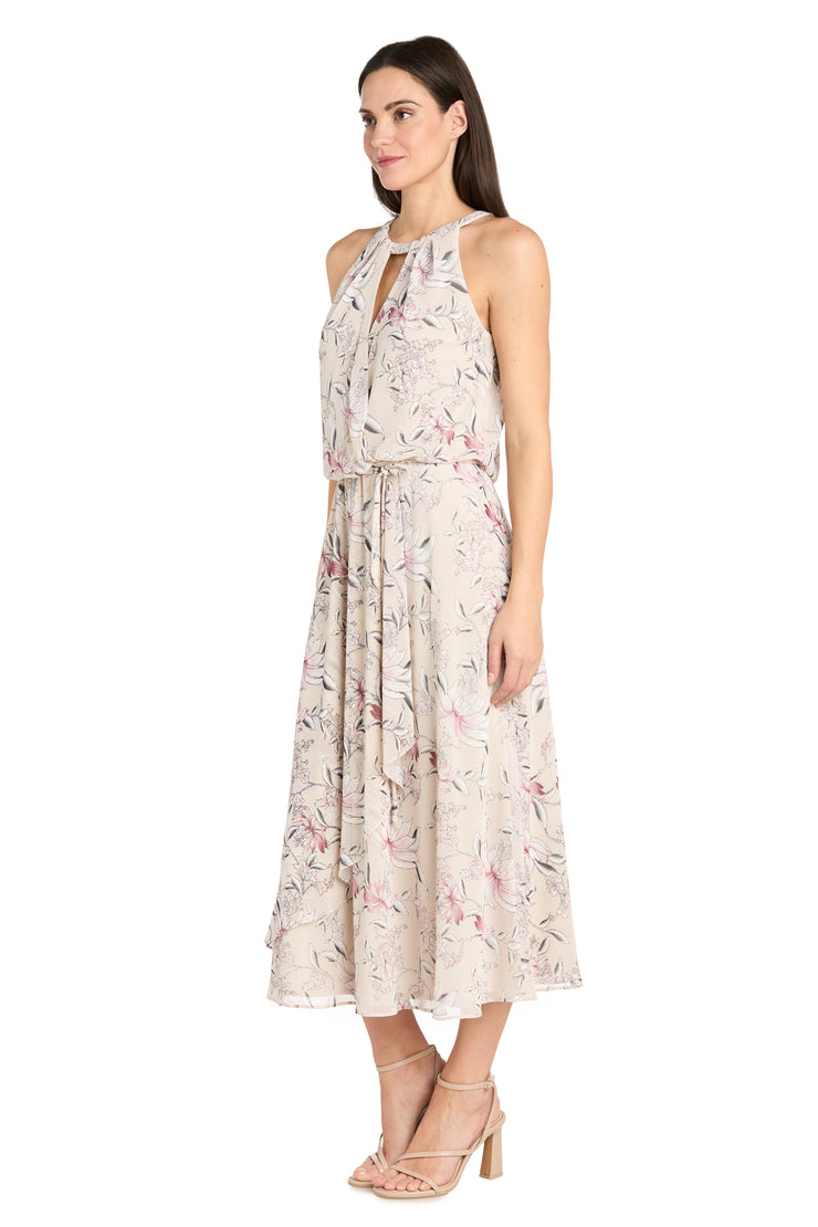 Floral Chiffon Midi Dress with Keyhole Halter Neck - Petite