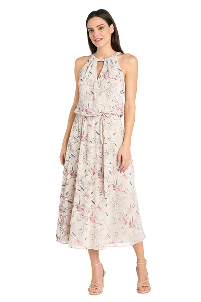 Floral Chiffon Midi Dress with Keyhole Halter Neck