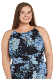 Floral Black and Blue Maxi Dress with Keyhole Detail - Plus