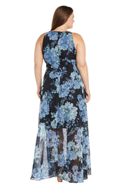 Floral Black and Blue Maxi Dress with Keyhole Detail - Plus