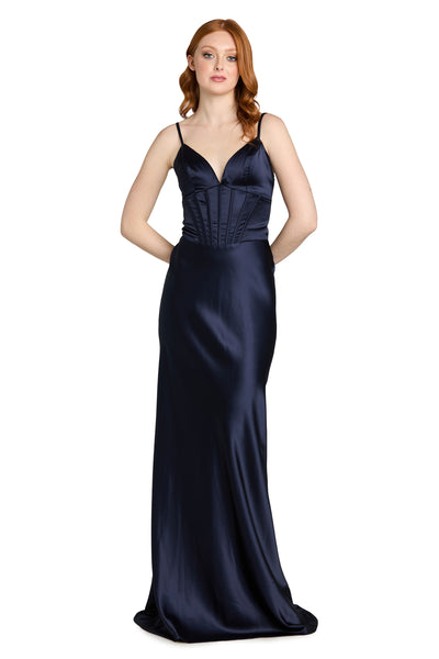 midnight corset dress Midnight Blue Corset Gown With Drape And Embroidered Cape