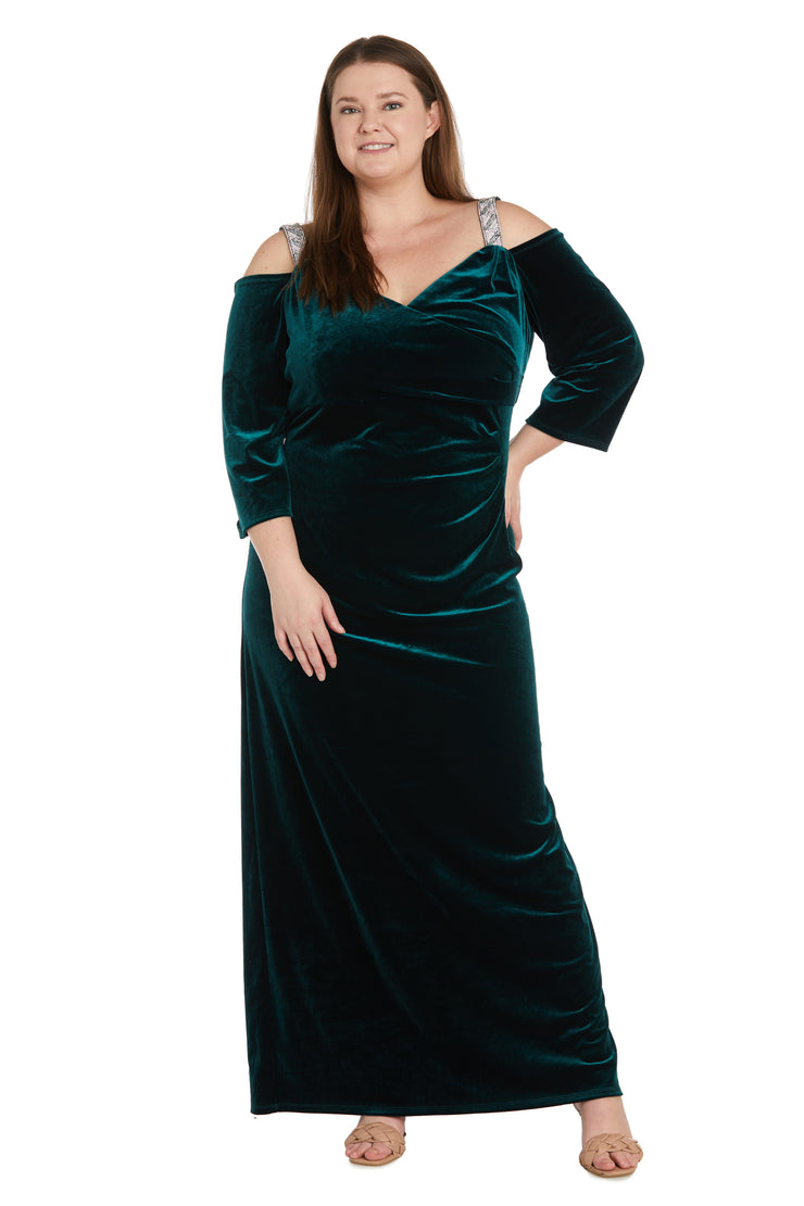 Long Stretched Velvet Evening Gown With Rhinestone Straps - Plus