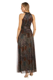 Long Printed Metallic Evening Gown