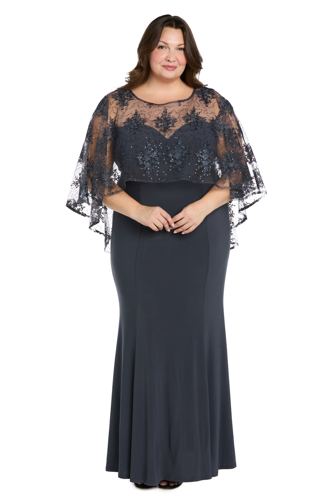 Long Dress with Sheer Illusion Embellished Capelet - Plus  R&M Richards