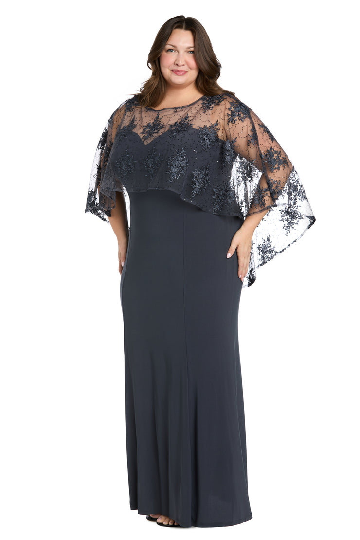 Long Dress with Sheer Illusion Embellished Capelet - Plus R&M Richards Long Dress with Sheer Illusion Embellished Capelet - Plus R&M Richards