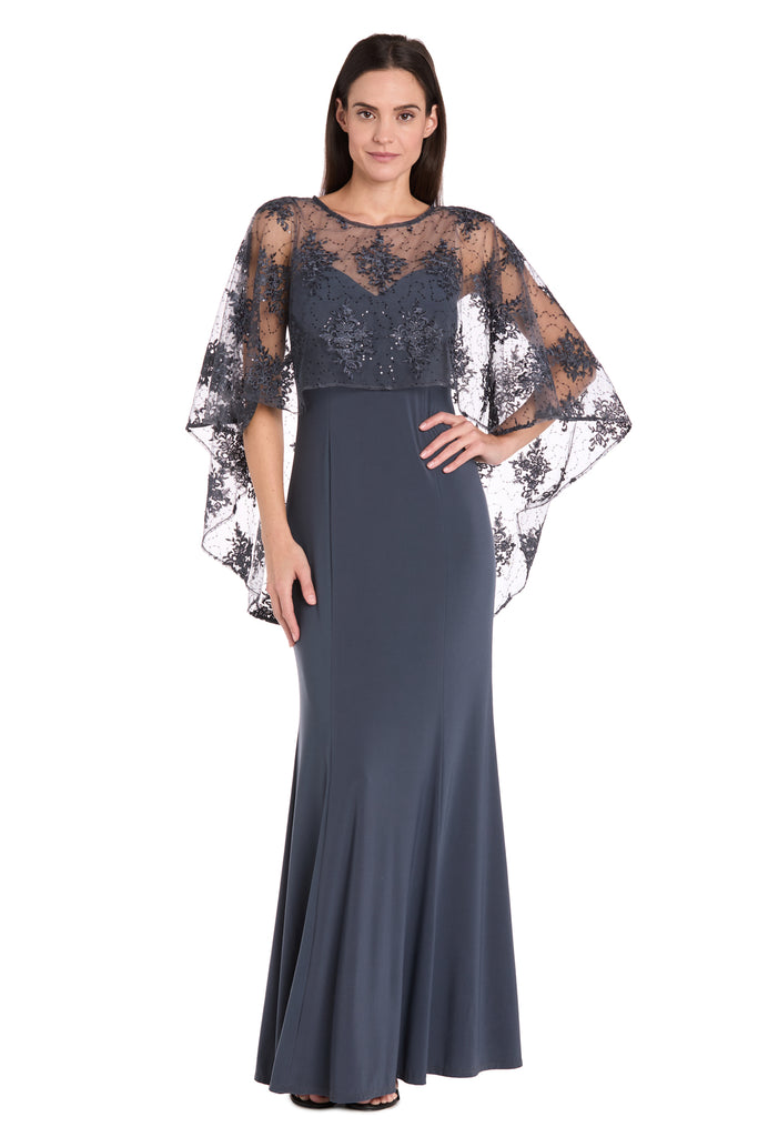 Long Dress with Sheer Illusion Embellished Capelet R&M Richards Long Dress with Sheer Illusion Embellished Capelet R&M Richards