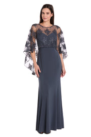Long Dress with Sheer Illusion Embellished Capelet