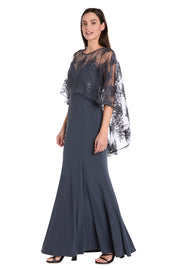 Long Dress with Sheer Illusion Embellished Capelet
