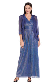 Long Pleated Metallic Chiffon Jacket Dress