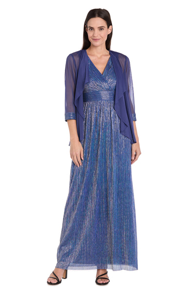 Long Pleated Metallic Chiffon Jacket Dress