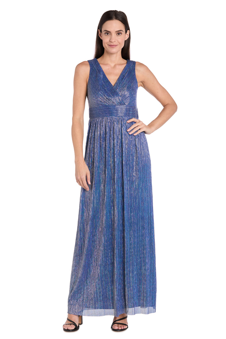 Long Pleated Metallic Chiffon Jacket Dress