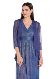 Long Pleated Metallic Chiffon Jacket Dress