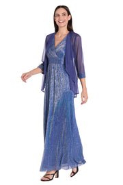 Long Pleated Metallic Chiffon Jacket Dress