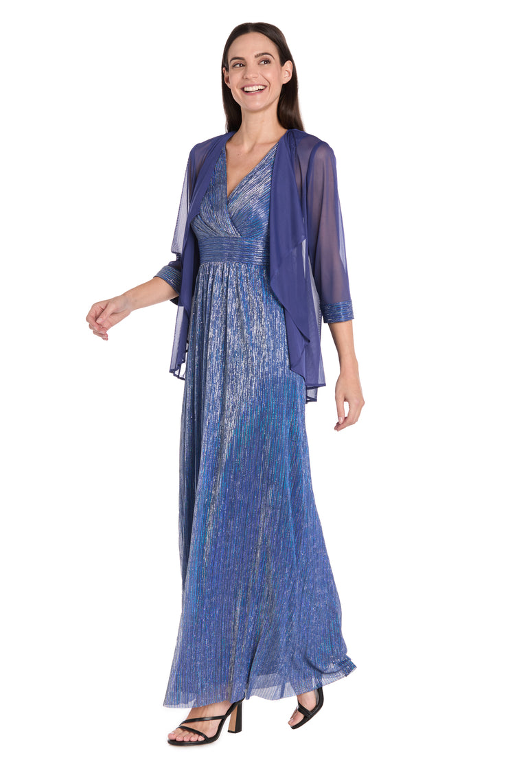Long Pleated Metallic Chiffon Jacket Dress
