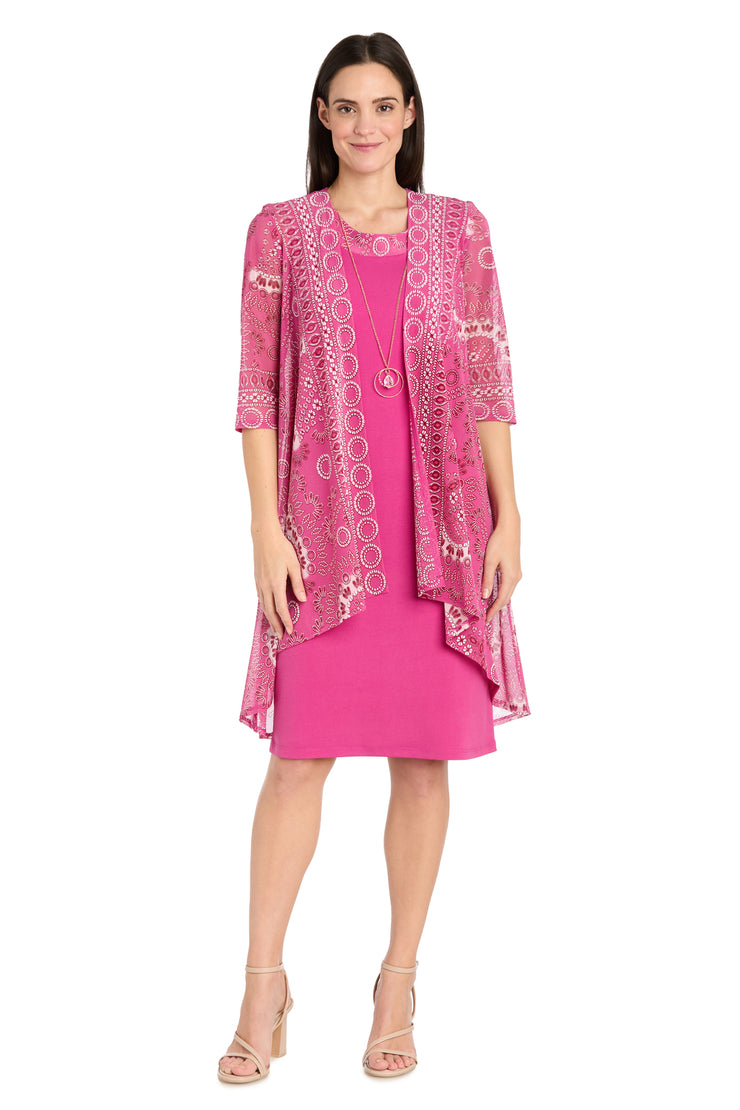 Raspberry Radiance: The Intricate Circle Pattern Jacket Dress - Petite