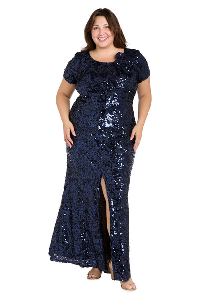 Radiant Bloom: Sequin Gown with High Slit and Floral Shoulder Accent - Plus