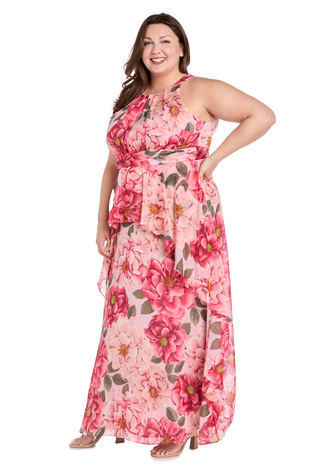Plus Size Prom Dresses Printed Floral Plus Size Dress Long Formal R&M  Richards 1798W Peach/Coral 14W