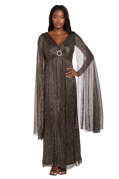 Evening Gown with Rhinestone Trim and Long Cape Sleeves