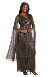 Evening Gown with Rhinestone Trim and Long Cape Sleeves
