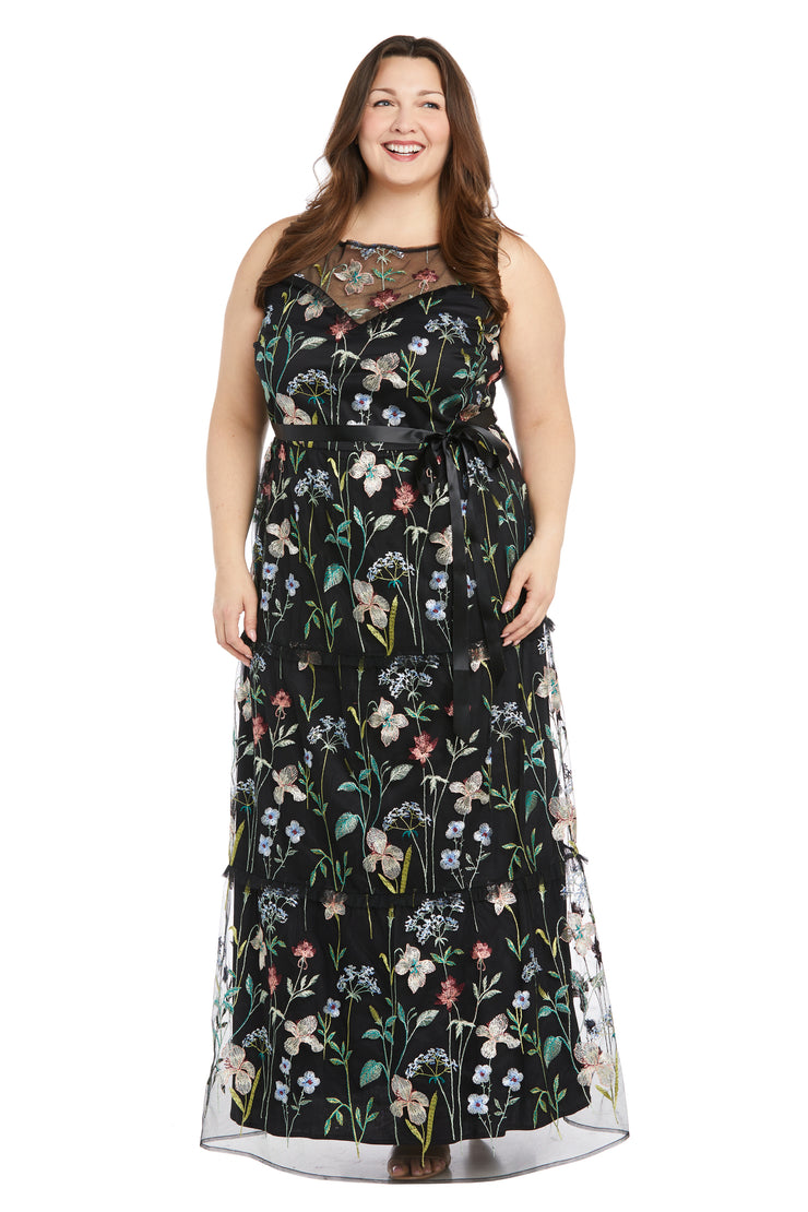 Long Floral Dress with Illusion Neckline - Plus