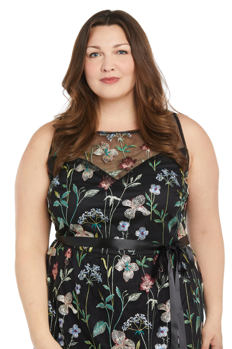 Long Floral Dress with Illusion Neckline - Plus