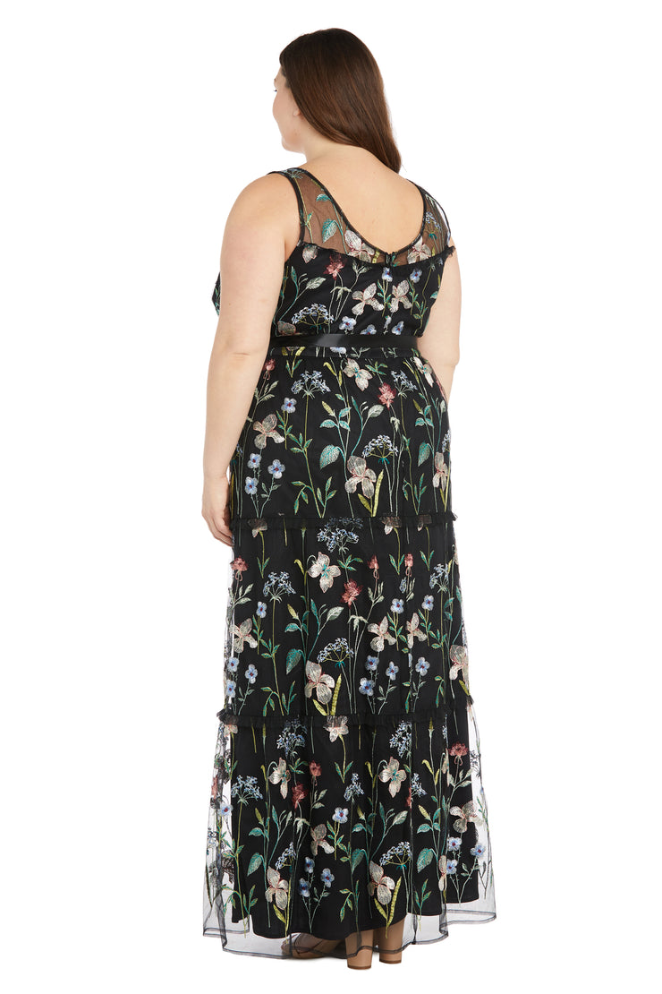 Long Floral Dress with Illusion Neckline - Plus