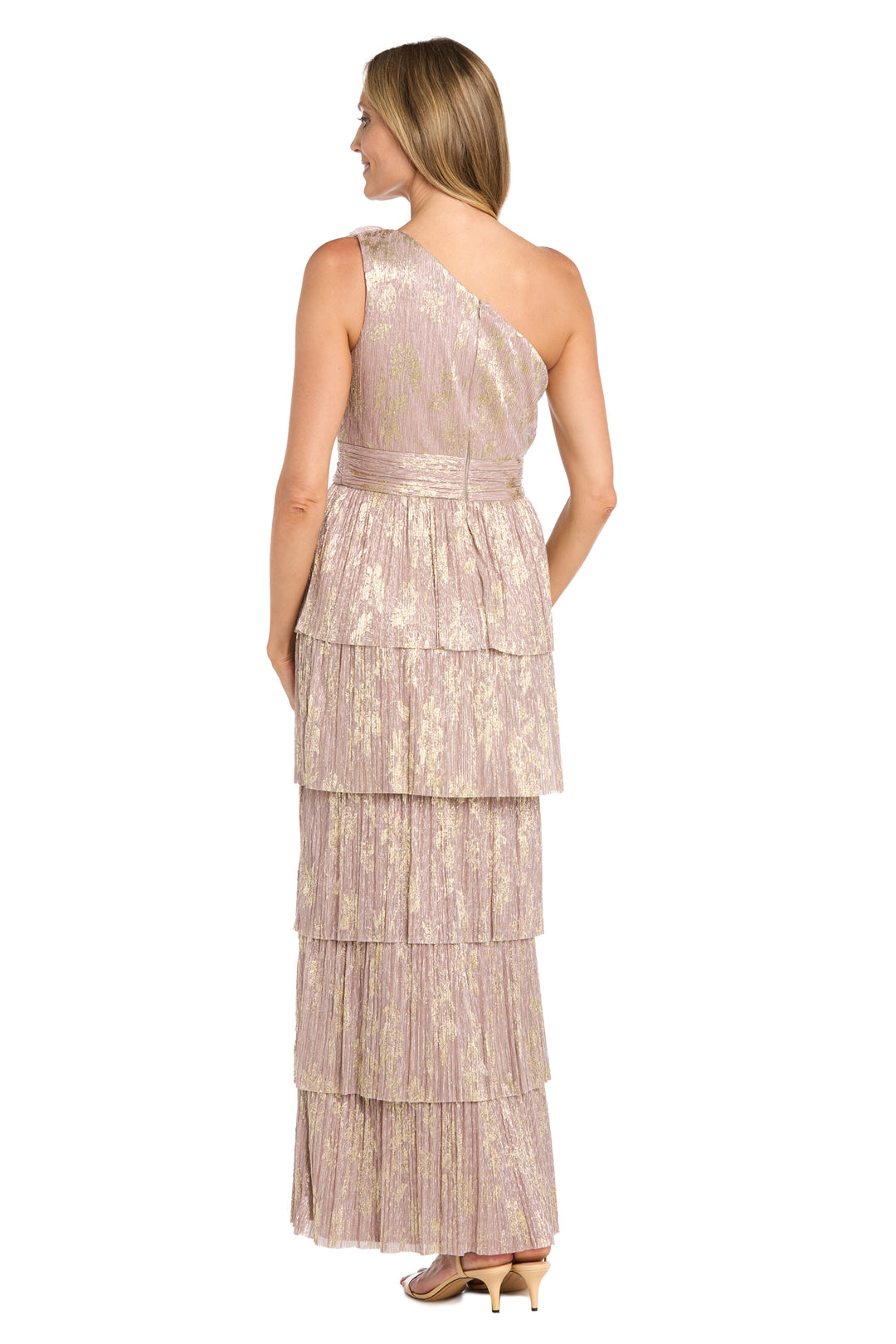 One-Shoulder Metallic Gown with Gold Floral Design and Five