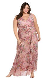 Long Crinkle Pleated V-Neck Gown - Plus