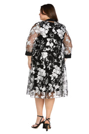 Floral-Threaded Sheer Jacket Dress with Detachable Necklace - Plus