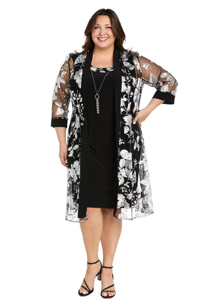 Floral-Threaded Sheer Jacket Dress with Detachable Necklace - Plus