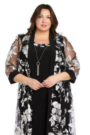 Floral-Threaded Sheer Jacket Dress with Detachable Necklace - Plus