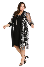 Floral-Threaded Sheer Jacket Dress with Detachable Necklace - Plus