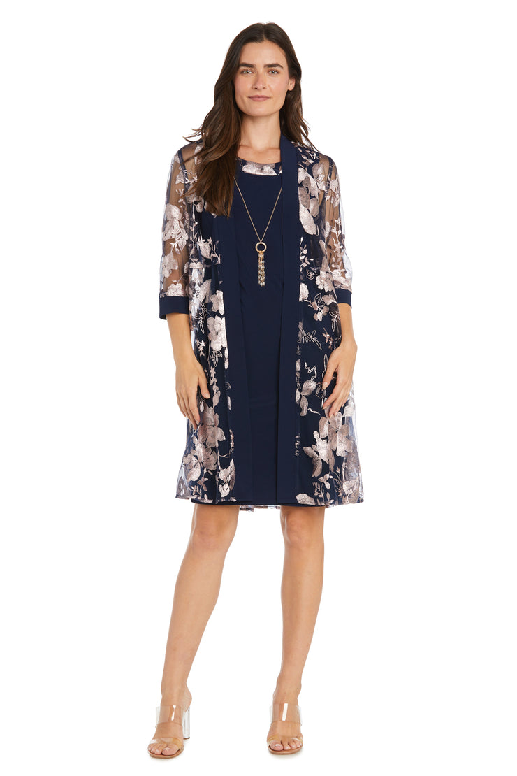 Floral-Threaded Sheer Jacket Dress with Detachable Necklace